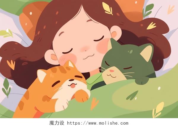 一个小女孩和她的两只猫睡在床上卡通AI插画儿童宠物睡觉世界睡眠日